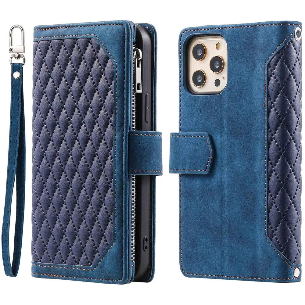005 Style for iPhone 12 6.1 inch / 12 Pro 6.1 inch Rhombus Texture Zipper Pocket Phone Cover with Strap, PU Leather Stand Wallet Case - Blue - 1