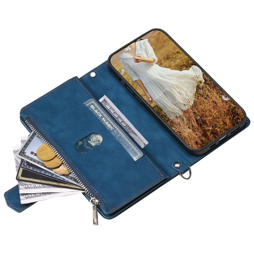 005 Style for iPhone 12 6.1 inch / 12 Pro 6.1 inch Rhombus Texture Zipper Pocket Phone Cover with Strap, PU Leather Stand Wallet Case - Blue - 2