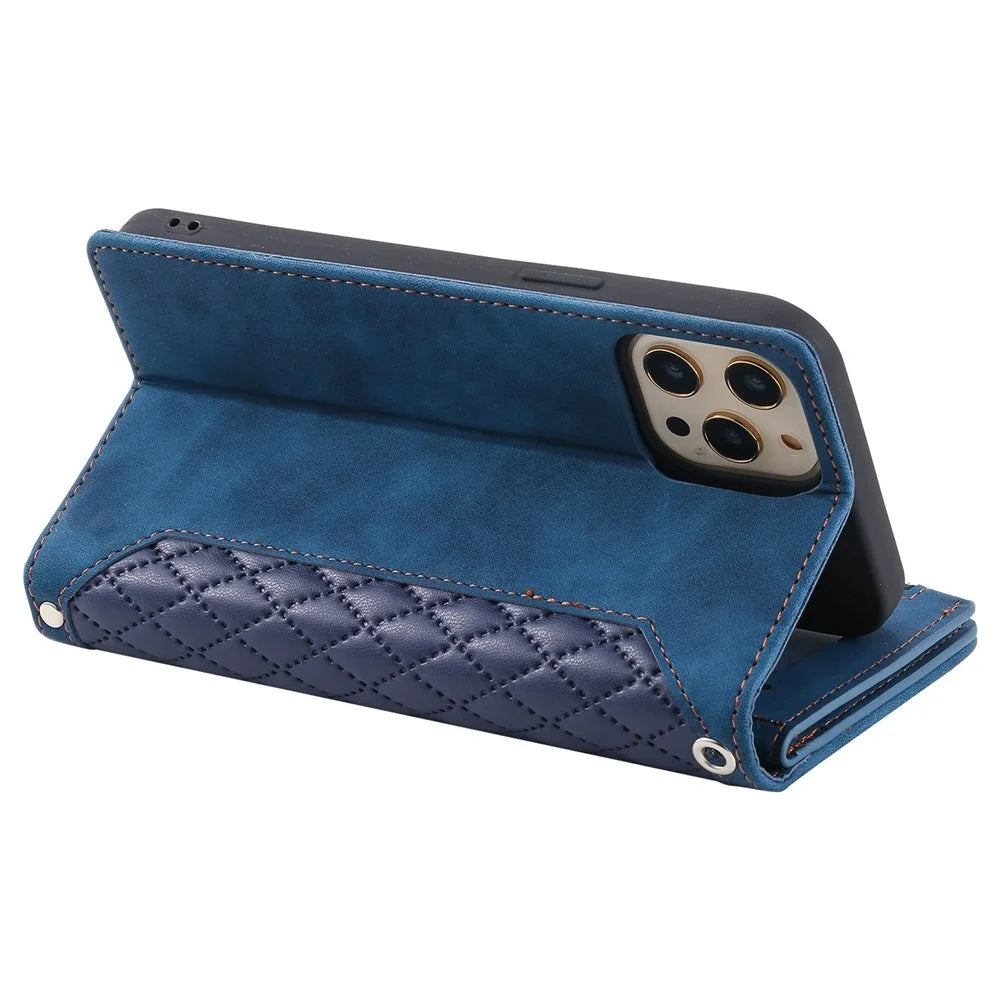 005 Style for iPhone 12 6.1 inch / 12 Pro 6.1 inch Rhombus Texture Zipper Pocket Phone Cover with Strap, PU Leather Stand Wallet Case - Blue - 4