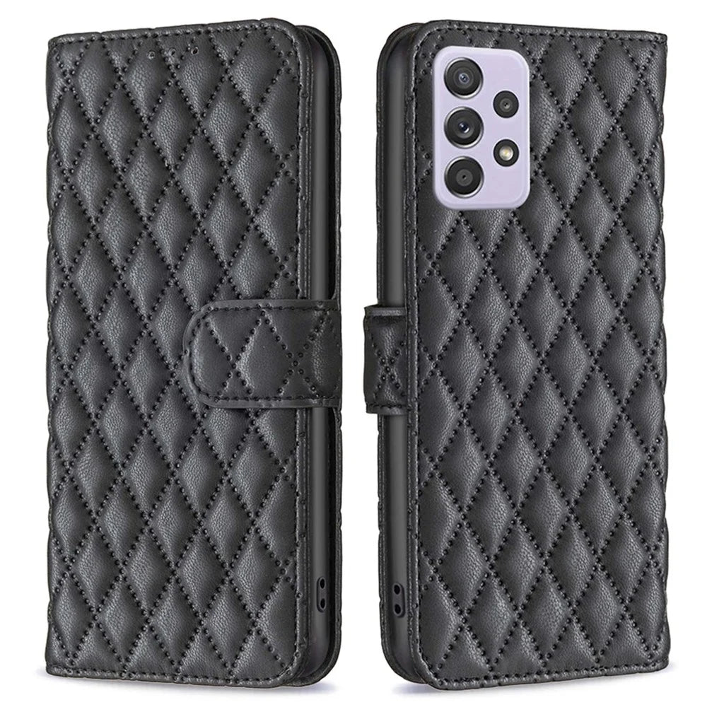 BINFEN COLOR For Samsung Galaxy A52 4G / 5G / A52s 5G PU Leather Shell, BF Style-14 Imprinted Rhombus Pattern Wallet Cover Matte Phone Stand Case - Black - 1