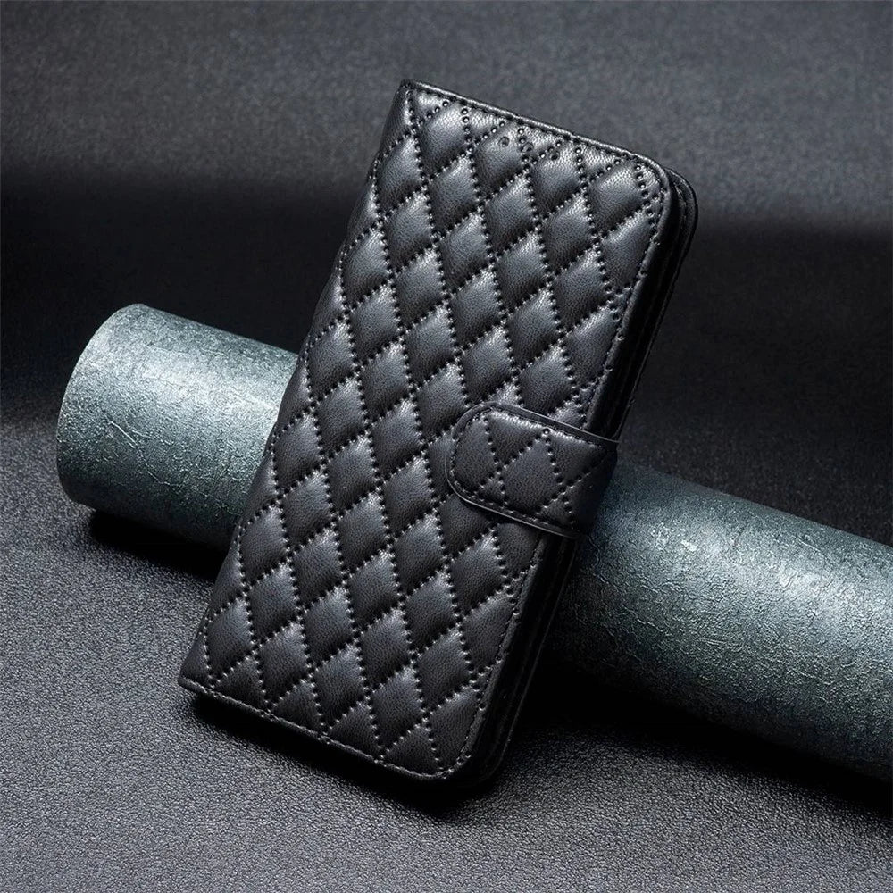 BINFEN COLOR For Samsung Galaxy A13 4G / 5G / A04s 4G (164.7mm) Wallet Cover Imprint Rhombus Pattern Stand Matte PU Leather Case - Black - 4