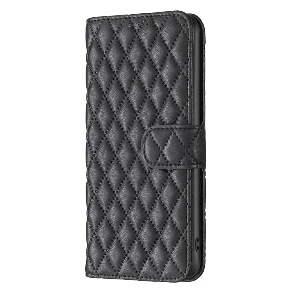 BINFEN COLOR For Samsung Galaxy A13 4G / 5G / A04s 4G (164.7mm) Wallet Cover Imprint Rhombus Pattern Stand Matte PU Leather Case - Black - 6