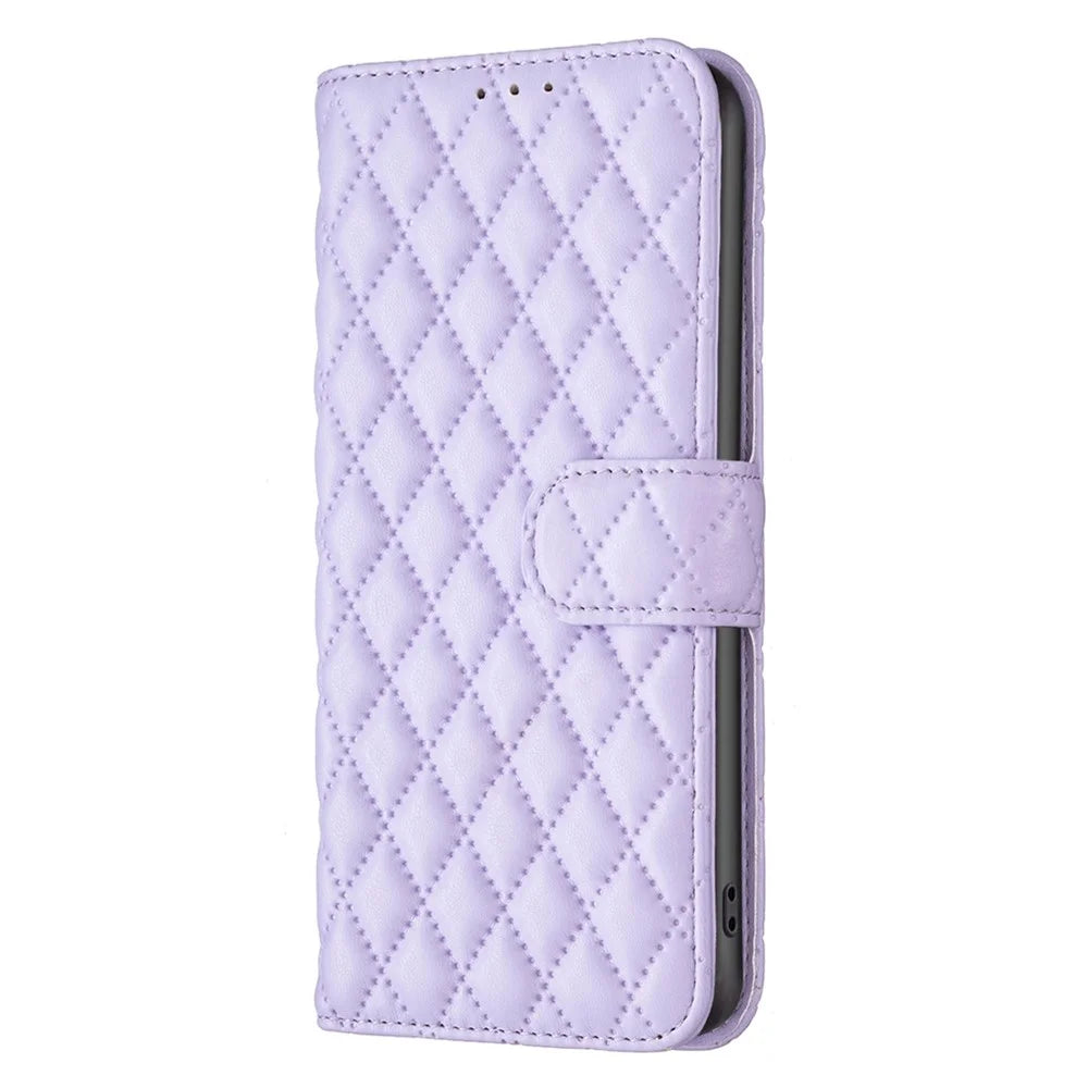 BINFEN COLOR For iPhone XS Max 6.5 inch Wallet Cover, BF Style-14 Imprinted Rhombus Pattern Overall Coverage Stand Matte PU Leather Case - Purple - 6