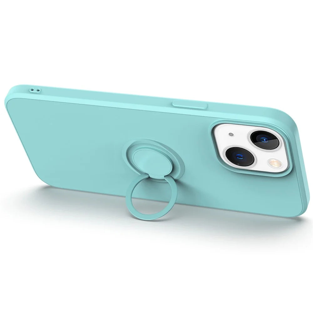 For iPhone 14 6.1 inch Cell Phone Case Magnetic Metal Sheet Design Ring Holder Kickstand Liquid Silicone Phone Cover with Wrist Strap - Sky Blue - 2