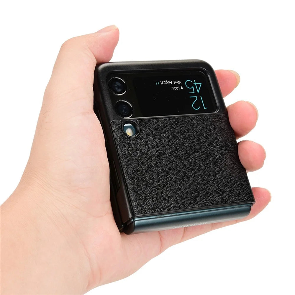 For Samsung Galaxy Z Flip3 5G Shockproof Phone Cover Textured PU Leather Coated PC Protective Phone Case - Black - 5