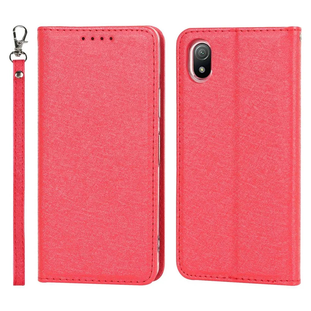 For Sony Xperia Ace III PU Leather Silk Texture Phone Case Stand Flip Wallet Cover with Wrist Strap - Red - 1