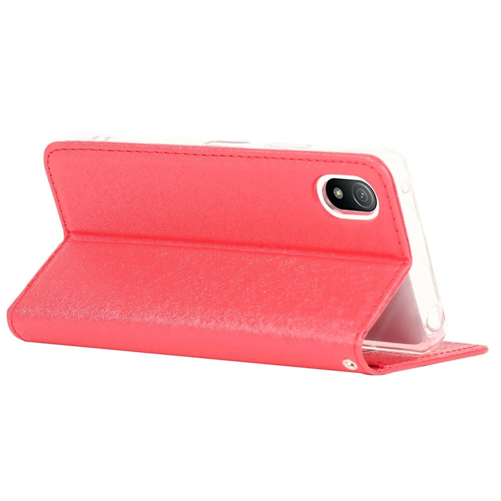 For Sony Xperia Ace III PU Leather Silk Texture Phone Case Stand Flip Wallet Cover with Wrist Strap - Red - 4