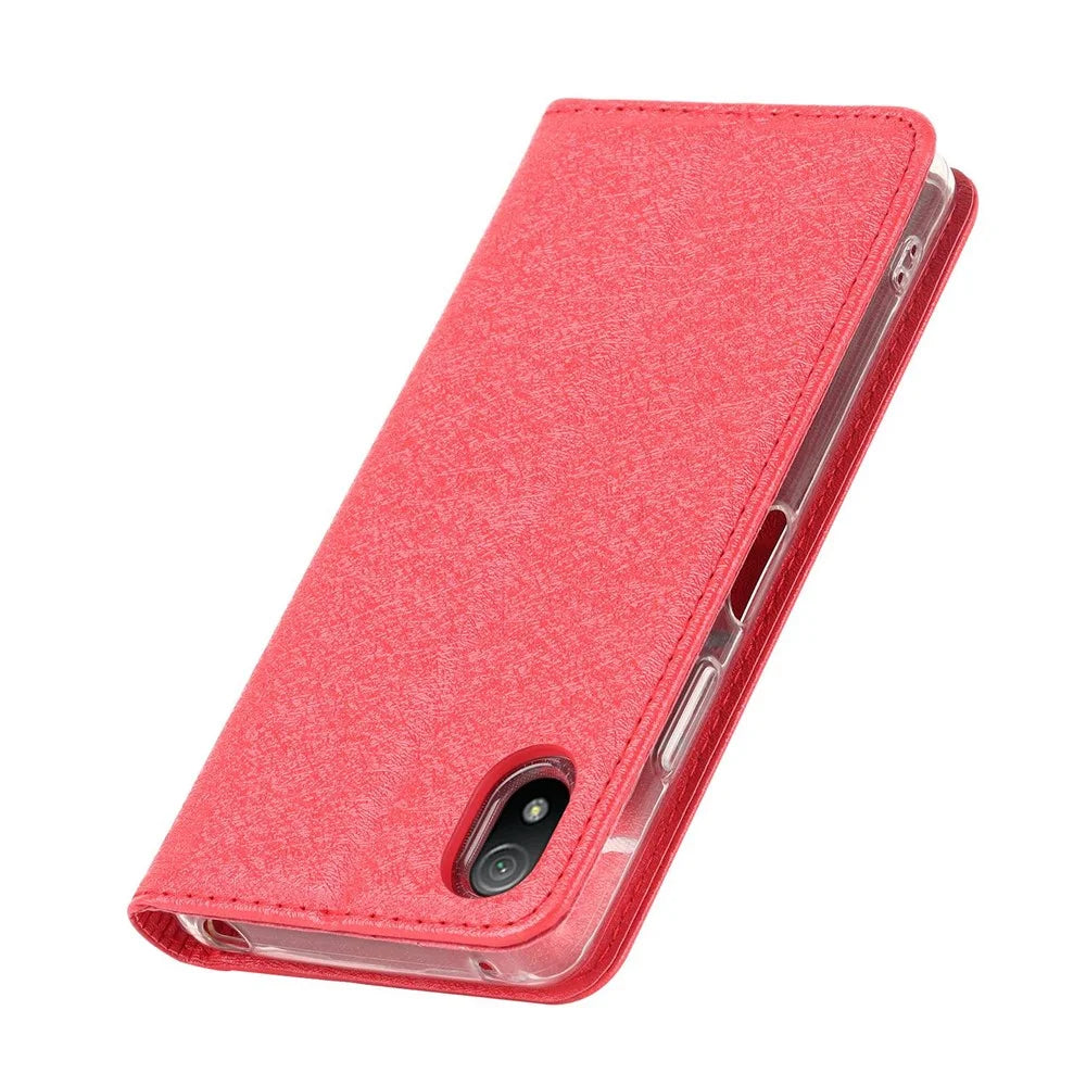 For Sony Xperia Ace III PU Leather Silk Texture Phone Case Stand Flip Wallet Cover with Wrist Strap - Red - 5