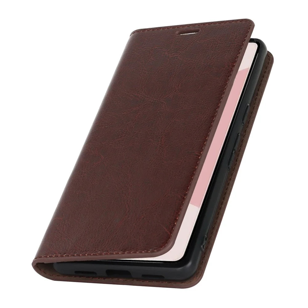 For Google Pixel 7 5G Cell Phone Case Crazy Horse Texture Wallet Stand Genuine Leather Flip Phone Cover - Dark Brown - 7