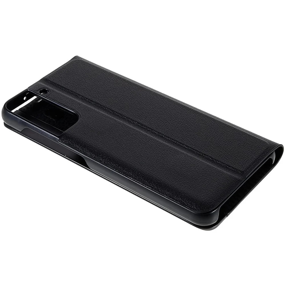 For Samsung Galaxy S21 FE 5G PU Leather Stand Case Auto Absorption Anti-drop Electroplating Phone Cover - Black - 7