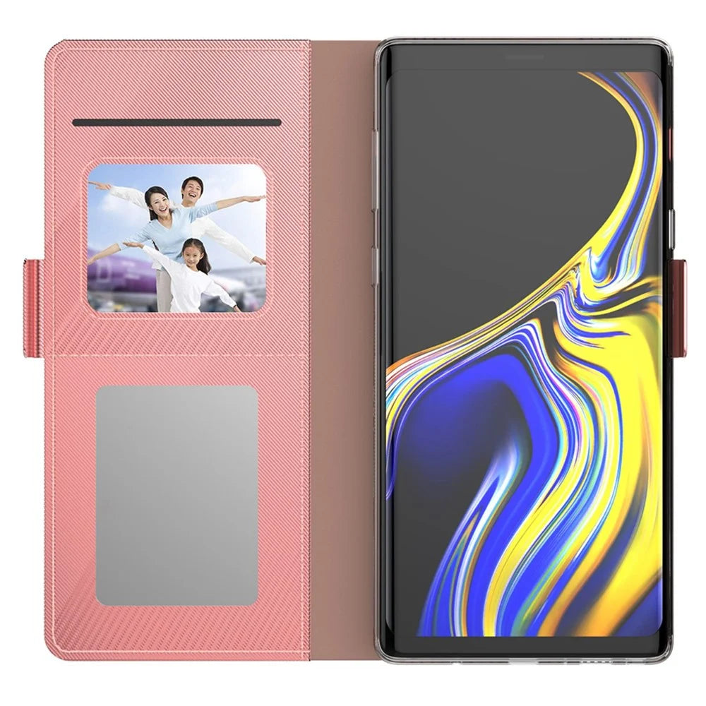 For Samsung Galaxy A13 4G Makeup Mirror PU Leather Case Card Holder Slot Magnetic Closure Flip Cover - Rose Gold - 3