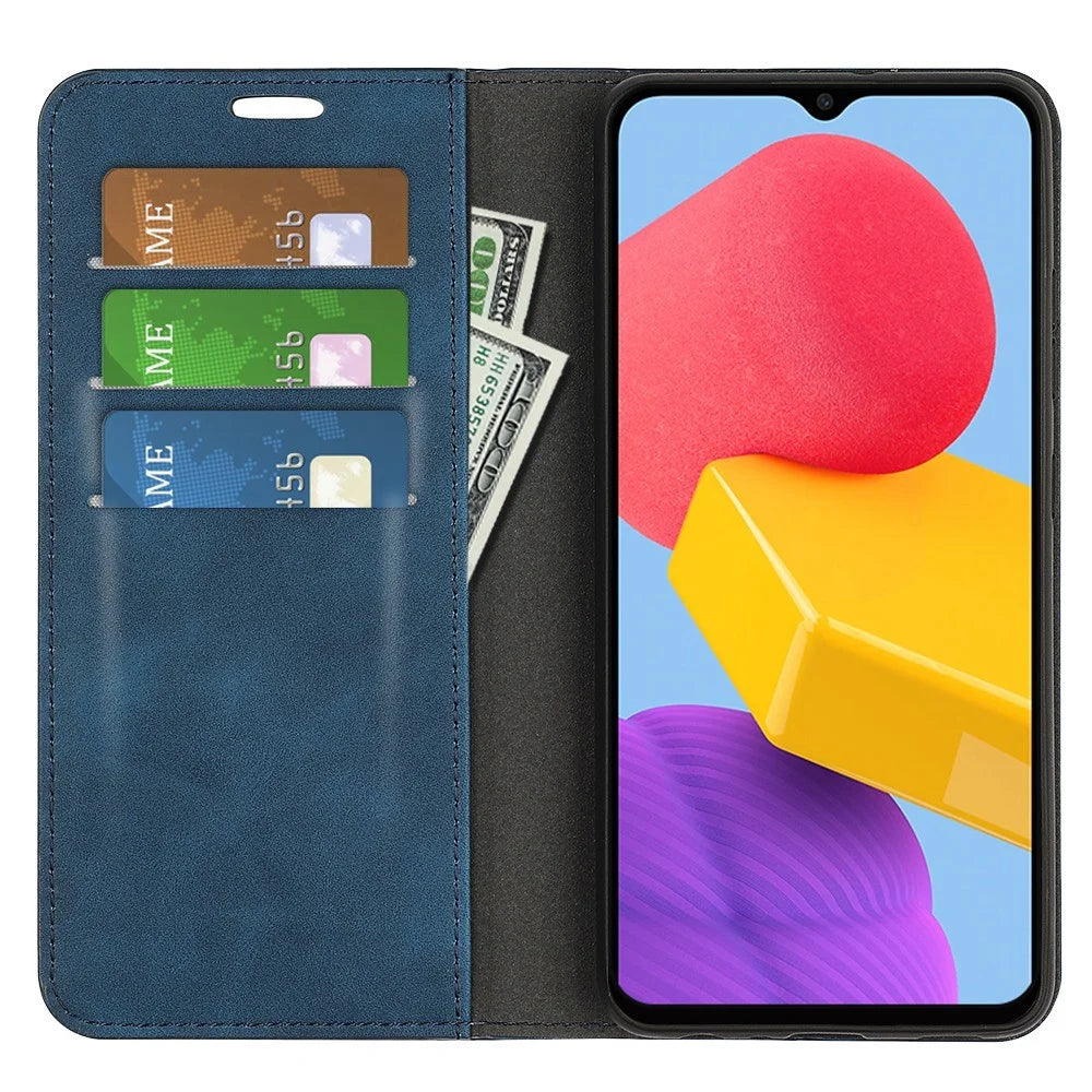 For Samsung Galaxy M13 4G Skin-touch PU Leather Phone Case Auto Closure Magnetic Folio Flip Cover with Wallet Stand - Blue - 2