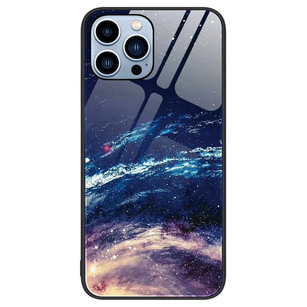 For iPhone 13 Pro Max 6.7 inch Pattern Printing Tempered Glass Scratch-resistant Case Hard PC+Soft TPU Anti-fall Phone Shell - The Milky Way - 1