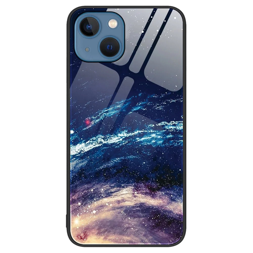 For iPhone 14 Plus 6.7 inch Tempered Glass Phone Case, Anti-scratch Pattern Printing Hard PC+Soft TPU Cellphone Cover - The Milky Way - 1