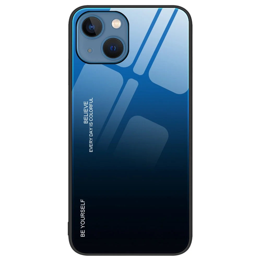 Gradient Color Design Case for iPhone 14 6.1 inch, Tempered Glass + PC + TPU Well-protected Anti-wear Mobile Phone Shell - Blue / Black - 1