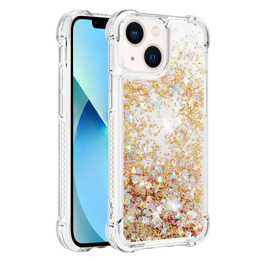 For iPhone 14 Plus TPU Case Glitter Quicksand Shockproof Phone Back Cover - Gold / Hearts - 1