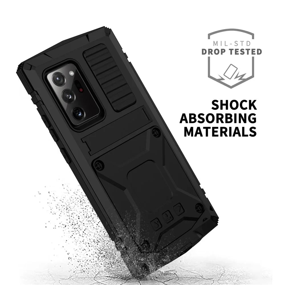 R-JUST For Samsung Galaxy Note20 Ultra / Note20 Ultra 5G Metal + Silicone + PC Kickstand Case Dust-proof Anti-drop Cover with Tempered Glass Film - Black - 5