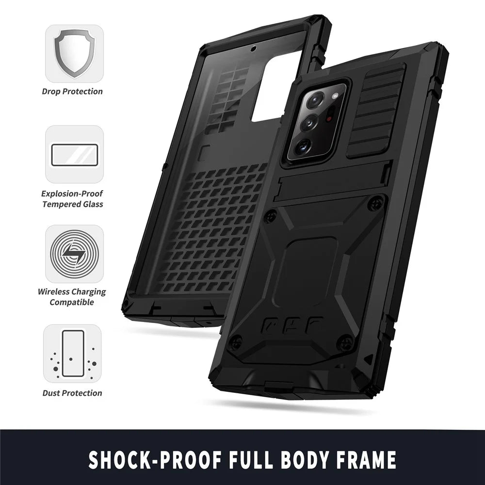 R-JUST For Samsung Galaxy Note20 Ultra / Note20 Ultra 5G Metal + Silicone + PC Kickstand Case Dust-proof Anti-drop Cover with Tempered Glass Film - Black - 7