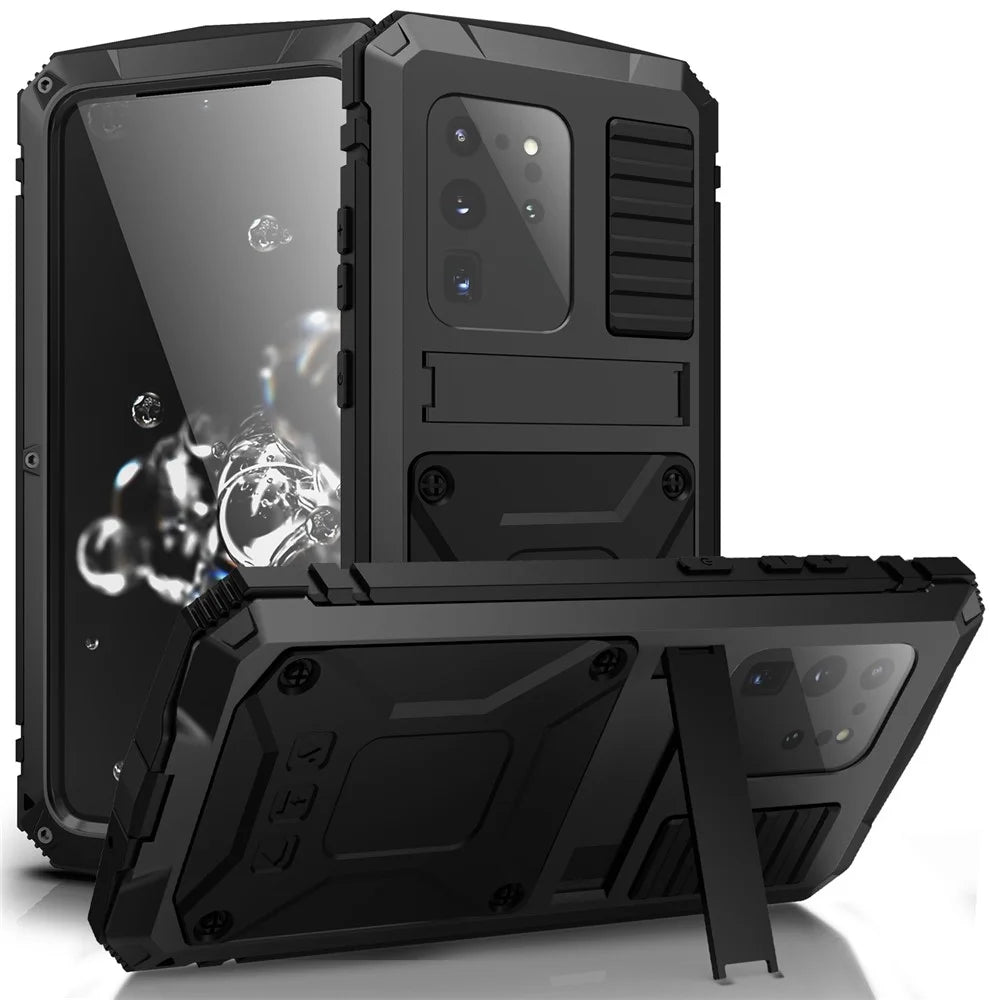 R-JUST For Samsung Galaxy S20 Ultra Metal + Silicone + PC Phone Case Kickstand Full Cover Shell with Tempered Glass Film - Black - 1