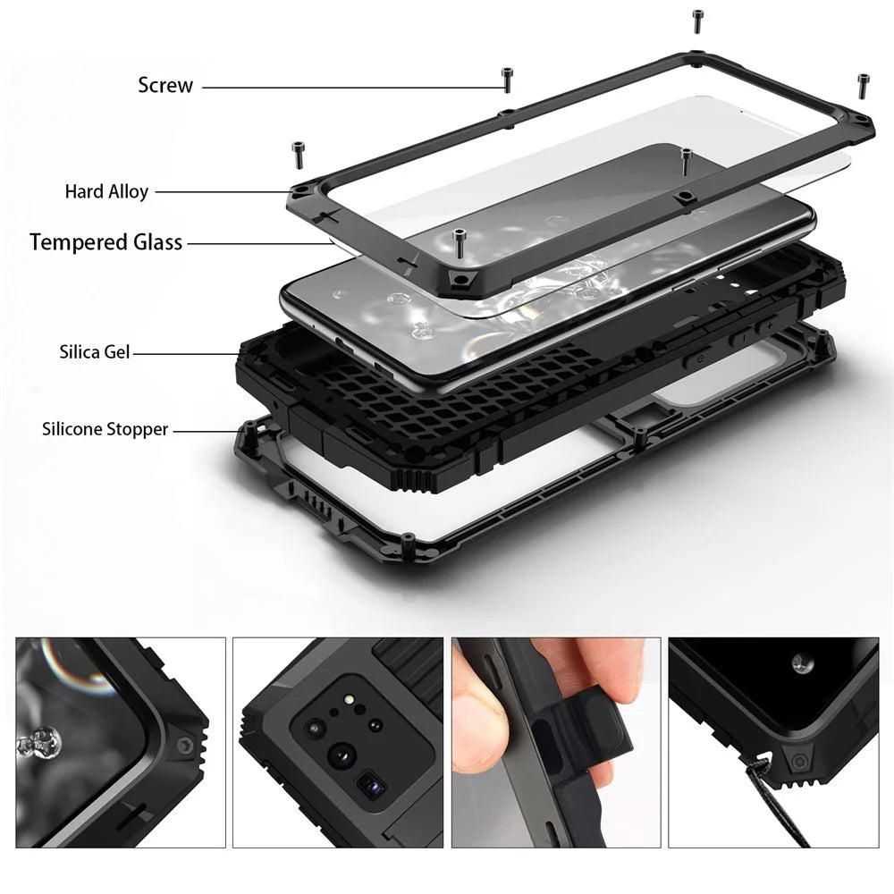 R-JUST For Samsung Galaxy S20 Ultra Metal + Silicone + PC Phone Case Kickstand Full Cover Shell with Tempered Glass Film - Black - 6