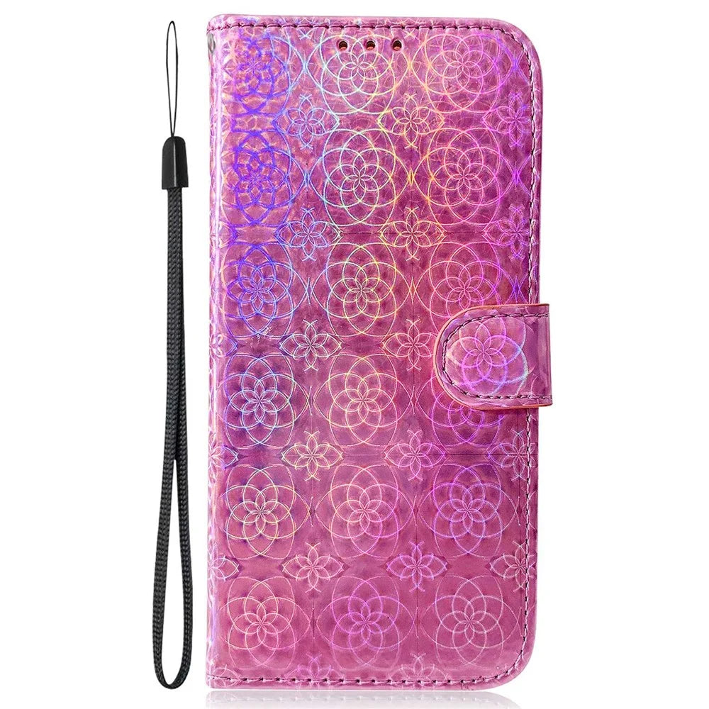 For Nokia C21 Dazzling Flower Pattern Shockproof Phone Cover Anti-scratch Flip Wallet Case with Stand Phone Shell - Pink - 6