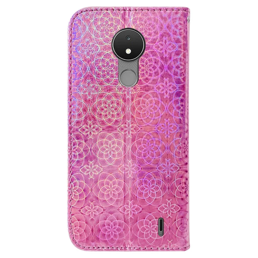 For Nokia C21 Dazzling Flower Pattern Shockproof Phone Cover Anti-scratch Flip Wallet Case with Stand Phone Shell - Pink - 7