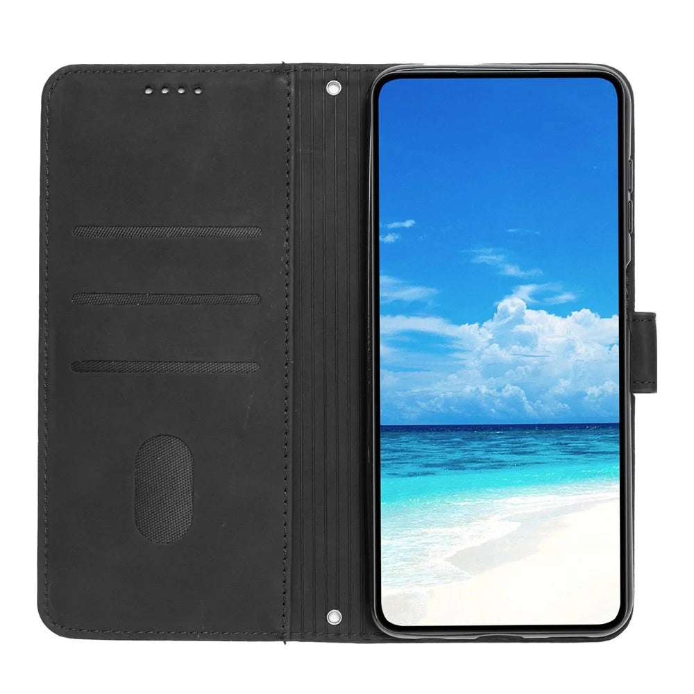 For iPhone 14 Plus 6.7 inch PU Leather Stand Wallet Case Skin-touch Feeling Heart Shape Imprinted Phone Cover with Strap - Black - 2