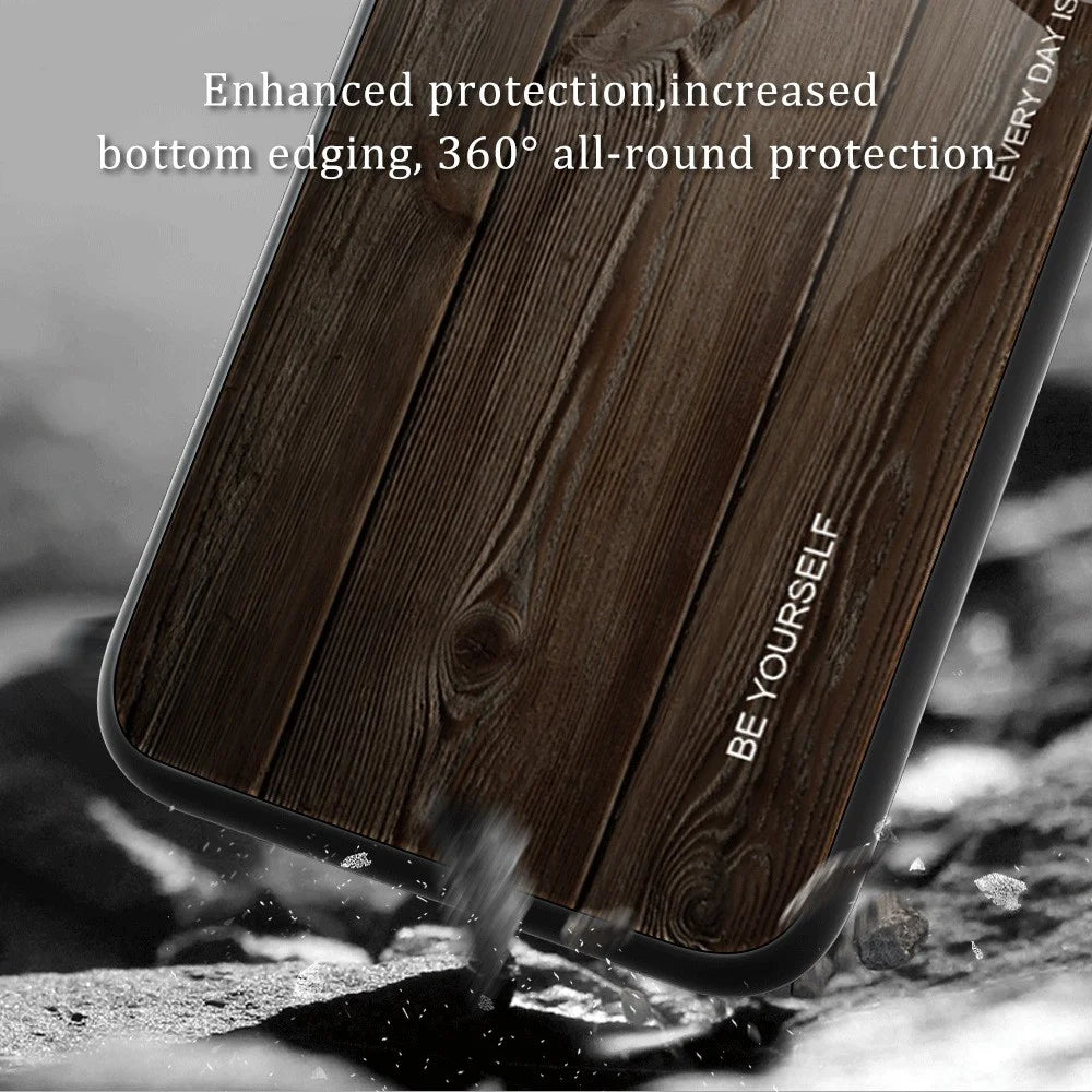 For iPhone 14 Plus 6.7 inch Case Wood Pattern Design TPU Frame Tempered Glass Back Anti-Scratch Cover - Black - 3