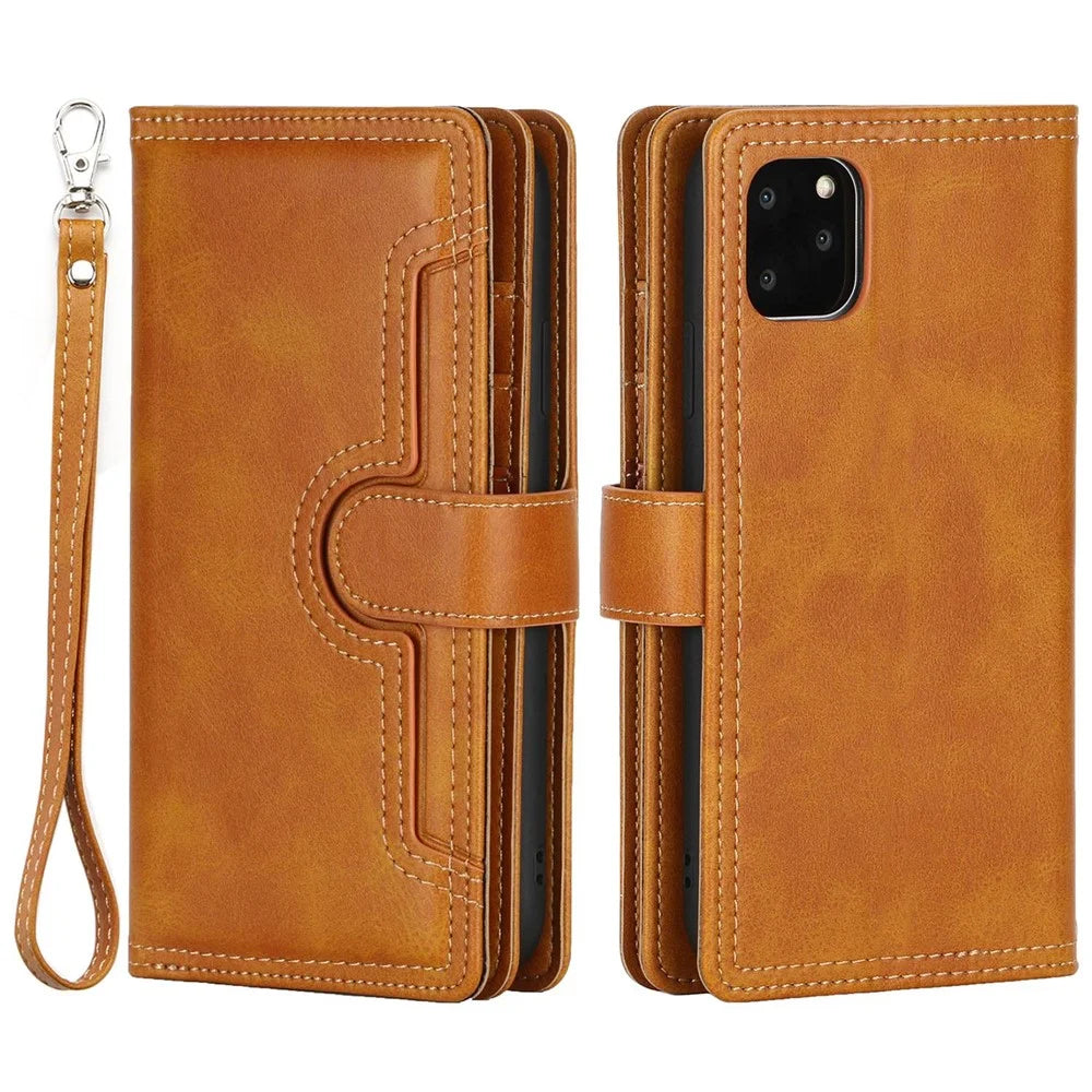 For iPhone 14 Plus 6.7 inch Magnetic Split Leather Case Multiple Card Slots Wallet Full Protective Folio Stand Cover with Hand Strap - Brown - 1
