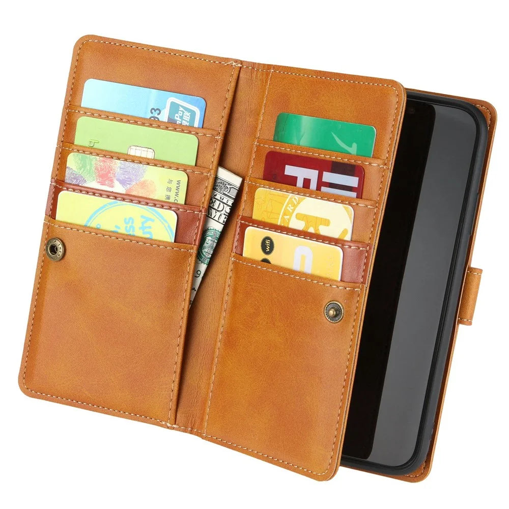 For iPhone 14 Plus 6.7 inch Magnetic Split Leather Case Multiple Card Slots Wallet Full Protective Folio Stand Cover with Hand Strap - Brown - 2