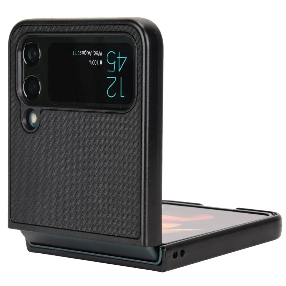 For Samsung Galaxy Z Flip4 5G Anti-scratch Phone Cover Carbon Fiber Texture PU Leather Coated PC Cell Phone Case - Black - 3