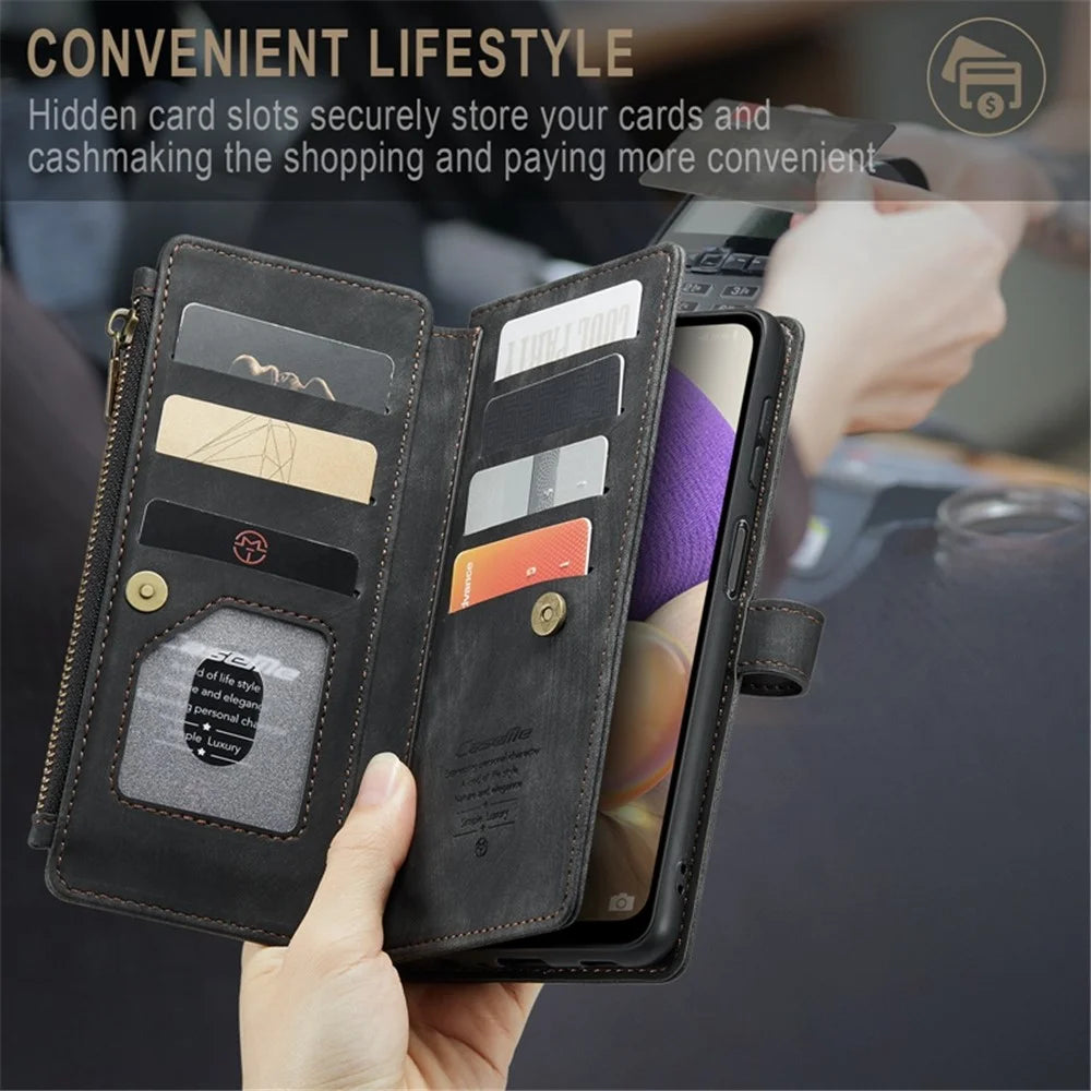 For Samsung Galaxy A32 5G / M32 5G Phone Cases with Strap CASEME C30 Zipper Multiple Card Holder PU Leather Cover - Black - 5