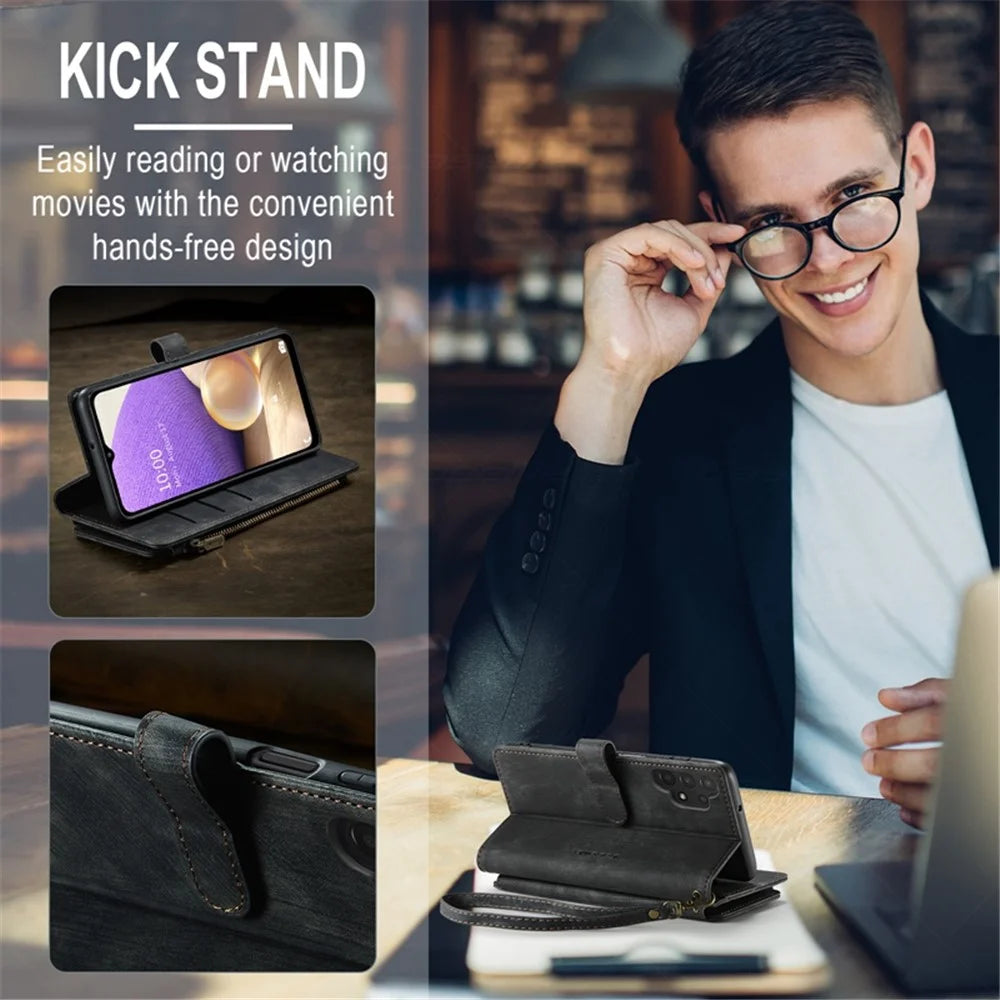 For Samsung Galaxy A32 5G / M32 5G Phone Cases with Strap CASEME C30 Zipper Multiple Card Holder PU Leather Cover - Black - 7