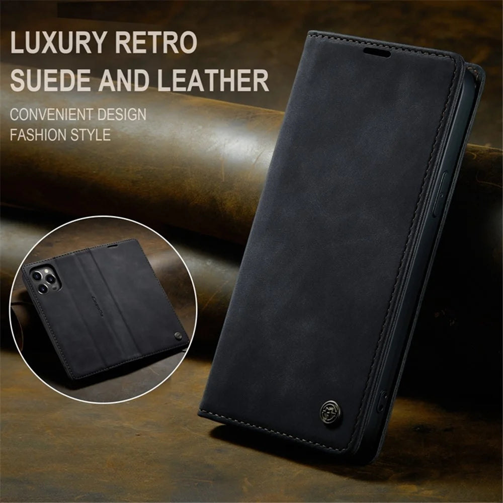 CASEME 013 Series Flip Wallet Case for iPhone 14 Pro Max 6.7 inch, Magnetic Auto-absorbed Stand Drop-proof PU Leather Phone Cover - Black - 4
