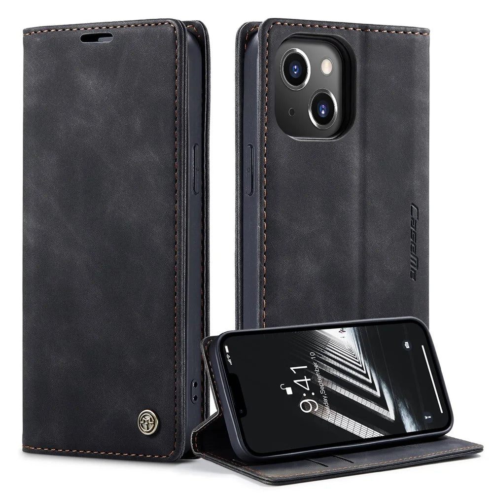 CASEME 013 Series for iPhone 14 6.1 inch Shockproof PU Leather Wallet Case Magnetic Auto-absorbed Stand Phone Cover - Black - 1