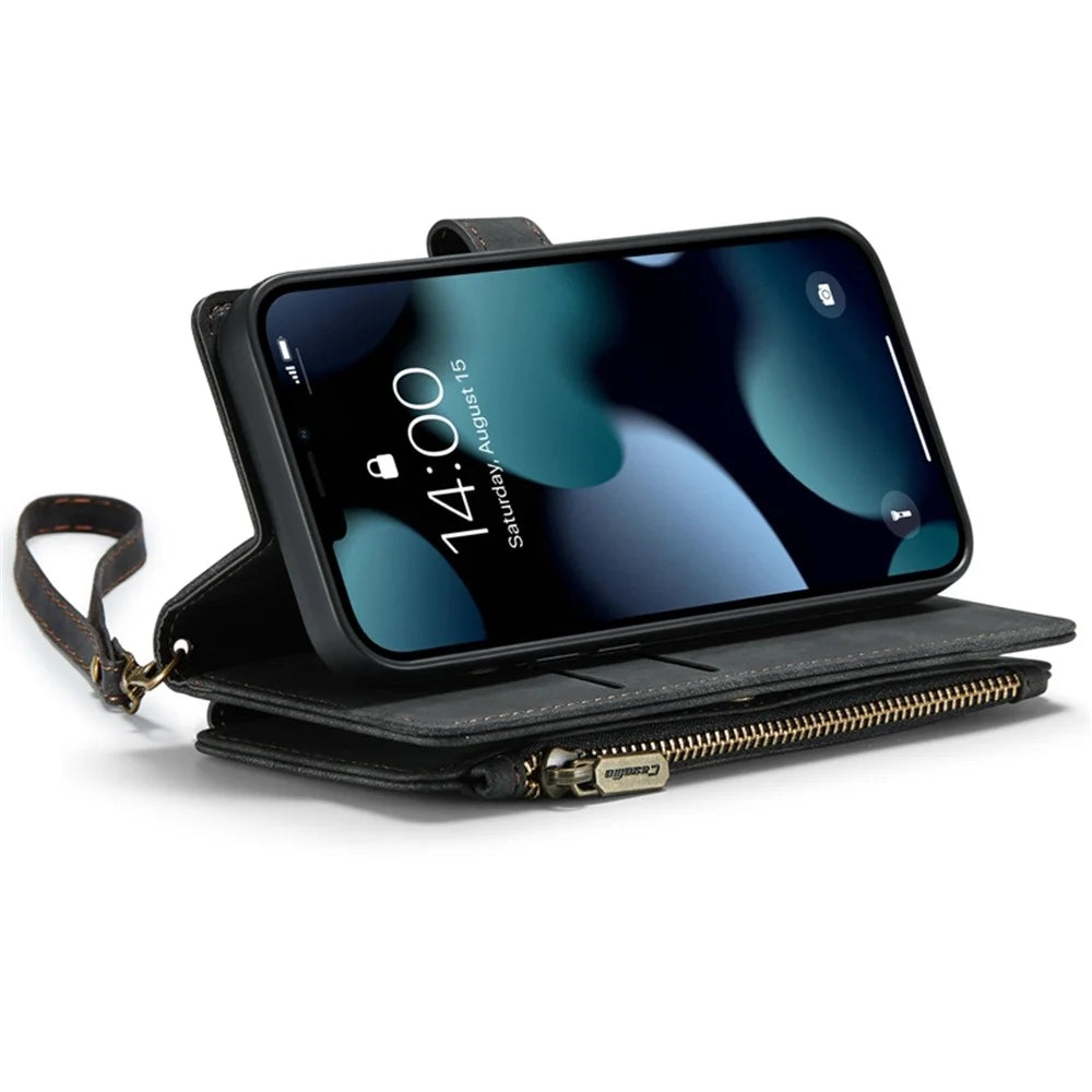 For iPhone 13 Phone Cases with Strap CASEME C30 Zipper Multiple Card Holder PU Leather Cover - Black - 2
