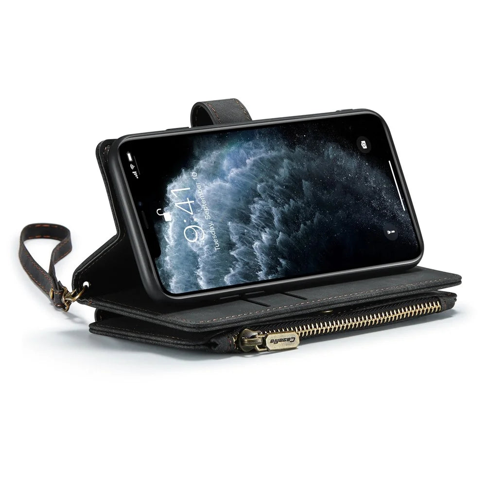 For iPhone 11 Pro Phone Cases with Strap CASEME C30 Zipper Multiple Card Holder PU Leather Cover - Black - 2