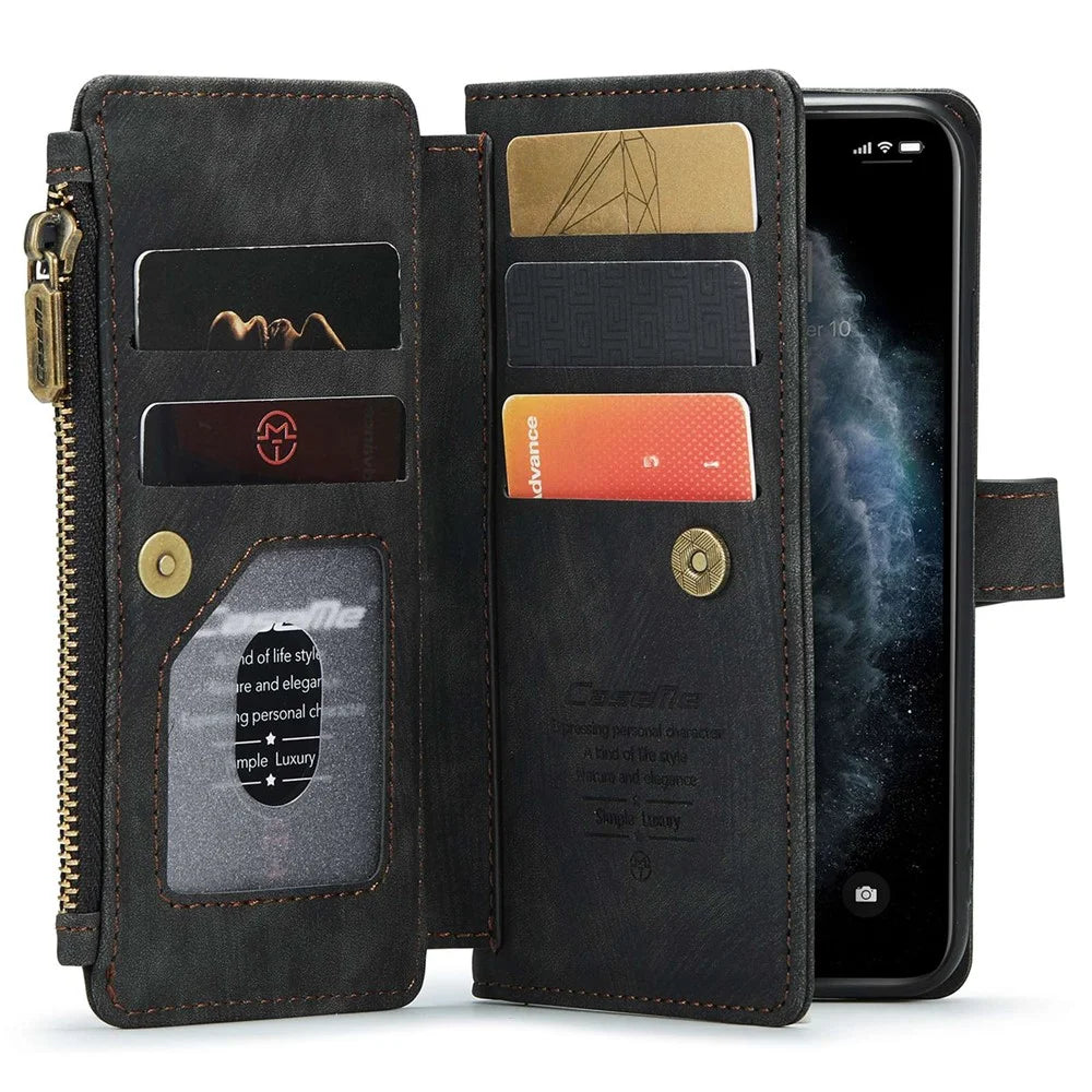 For iPhone 11 Pro Phone Cases with Strap CASEME C30 Zipper Multiple Card Holder PU Leather Cover - Black - 3