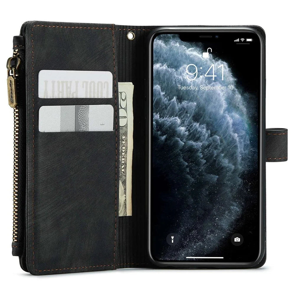 For iPhone 11 Pro Phone Cases with Strap CASEME C30 Zipper Multiple Card Holder PU Leather Cover - Black - 4
