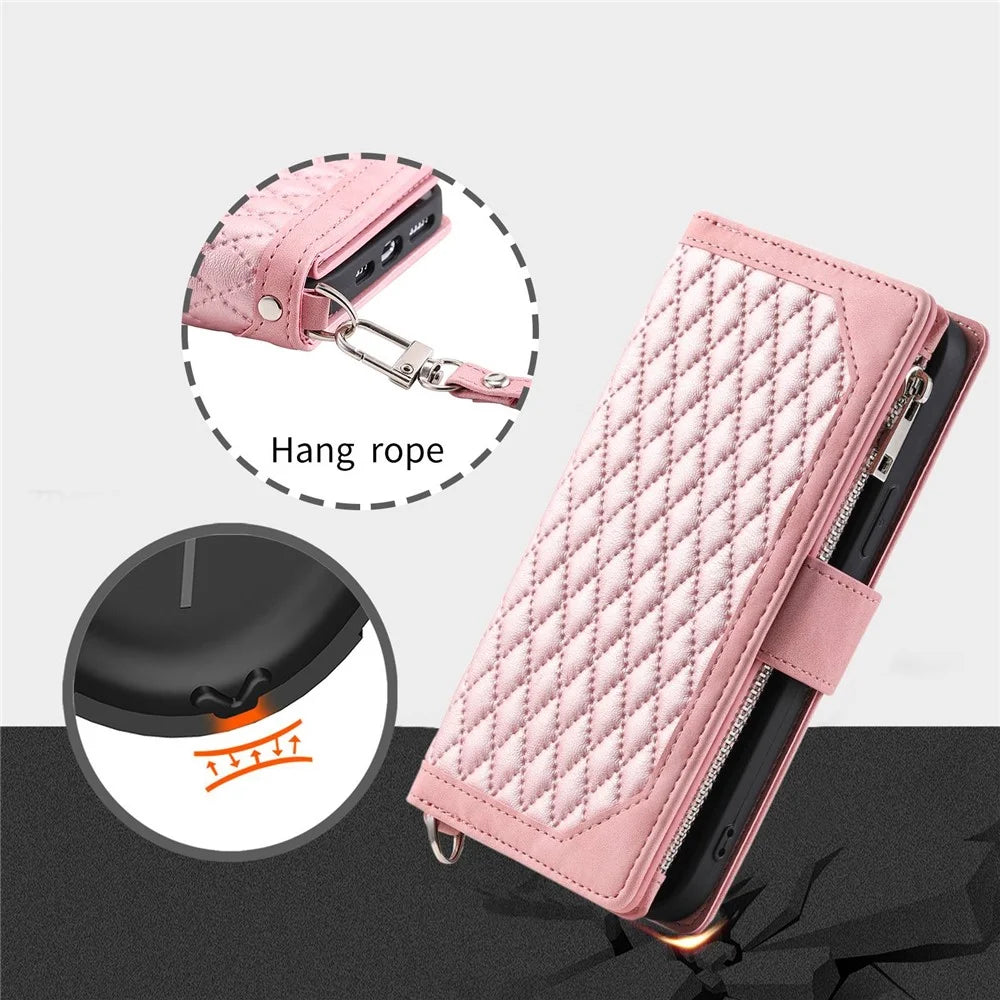 005 Style For Samsung Galaxy S21 Ultra 5G, Full Protection Phone Wallet Cover Zipper Pocket Case Rhombus Texture PU Leather Shell Stand with Strap Card Holder - Pink - 6