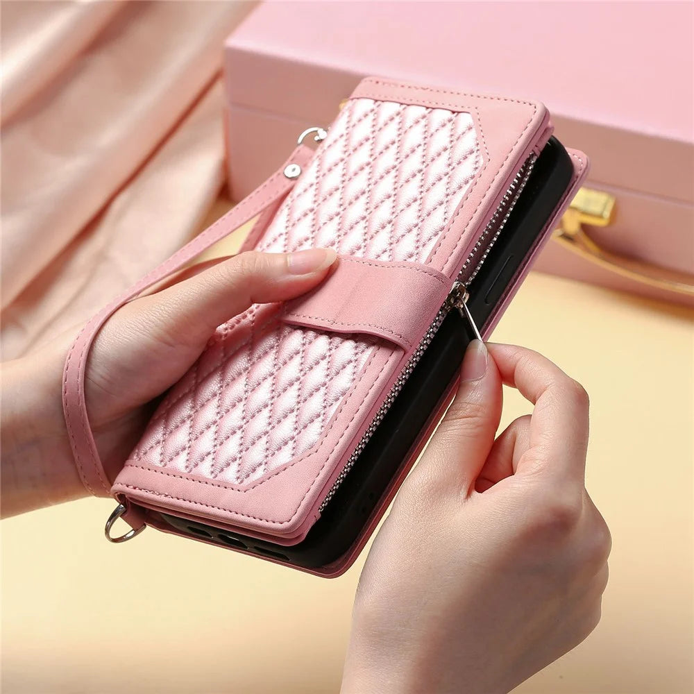 005 Style For Samsung Galaxy S21 Ultra 5G, Full Protection Phone Wallet Cover Zipper Pocket Case Rhombus Texture PU Leather Shell Stand with Strap Card Holder - Pink - 7