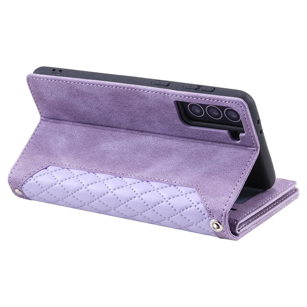 005 Style For Samsung Galaxy S22 5G, Anti-fall Rhombus Texture PU Leather Phone Case Zipper Pocket Wallet Stand Protective Phone Shell with Strap - Purple - 3