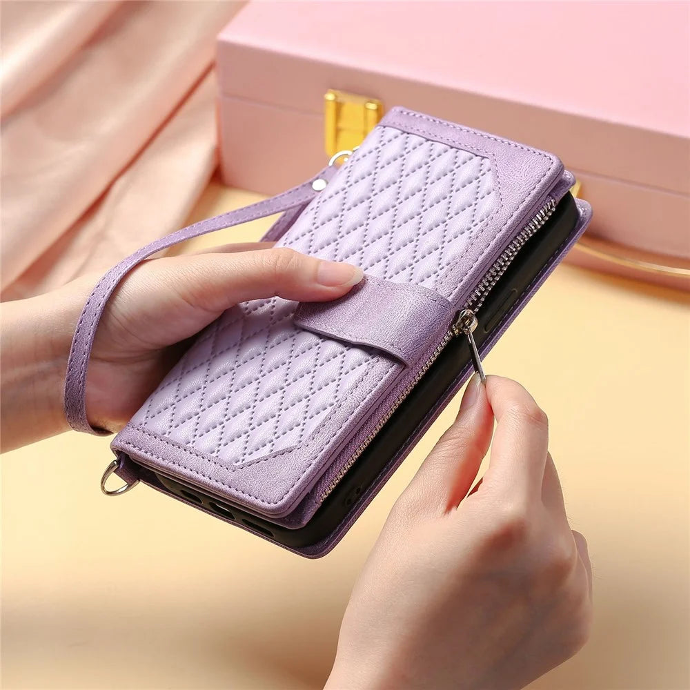 005 Style For Samsung Galaxy S22 5G, Anti-fall Rhombus Texture PU Leather Phone Case Zipper Pocket Wallet Stand Protective Phone Shell with Strap - Purple - 6