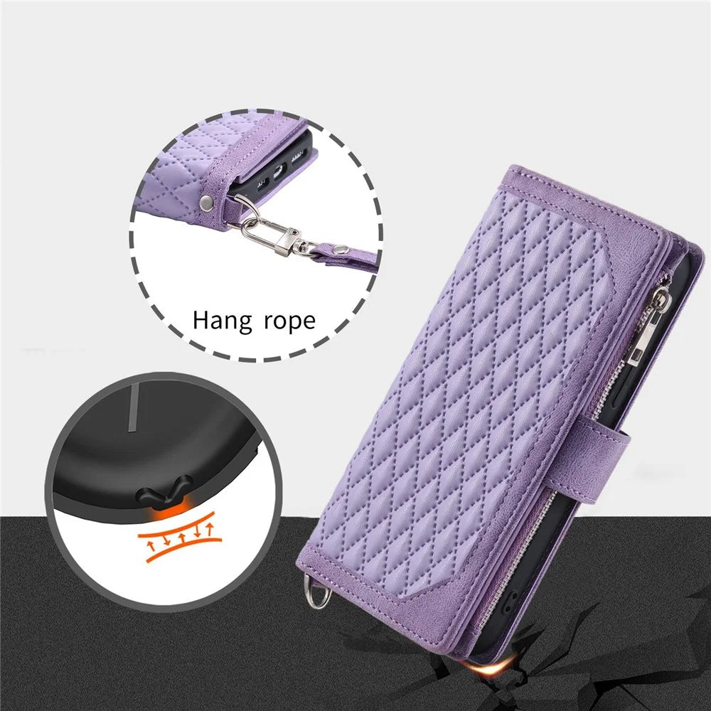 005 Style for Samsung Galaxy S21 4G / 5G, Shockproof Wallet Case Rhombus Texture Zipper Pocket PU Leather Anti-fall Phone Cover Stand - Purple - 6