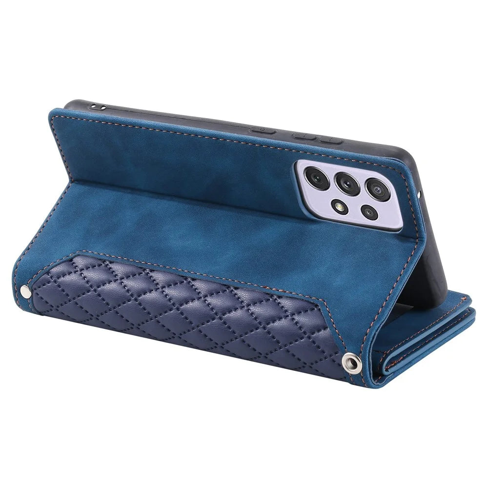 005 Style Drop-proof Phone Wallet Case for Samsung Galaxy A73 5G, Rhombus Texture Zipper Pocket PU Leather Scratch-resistant Mobile Phone Cover Stand with Strap Card Holder - Blue - 3