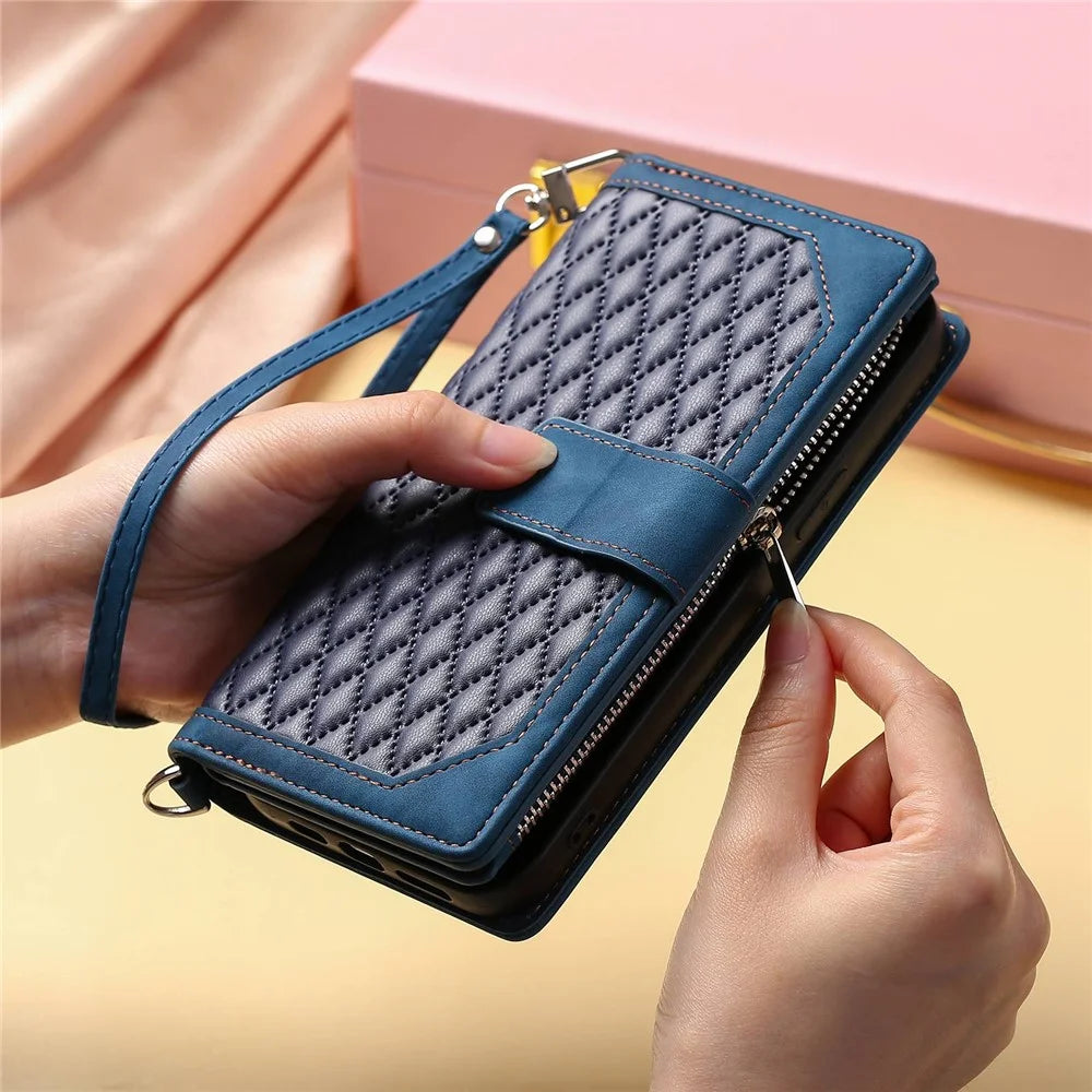 005 Style Drop-proof Phone Wallet Case for Samsung Galaxy A73 5G, Rhombus Texture Zipper Pocket PU Leather Scratch-resistant Mobile Phone Cover Stand with Strap Card Holder - Blue - 7
