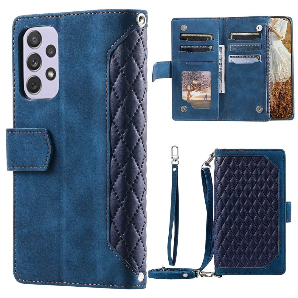 For Samsung Galaxy A72 4G / 5G 005 Style Anti-scratch Zipper Pocket Wallet Cover Rhombus Texture Leather Phone Case Stand with Shoulder Strap and Hand Strap - Blue - 1