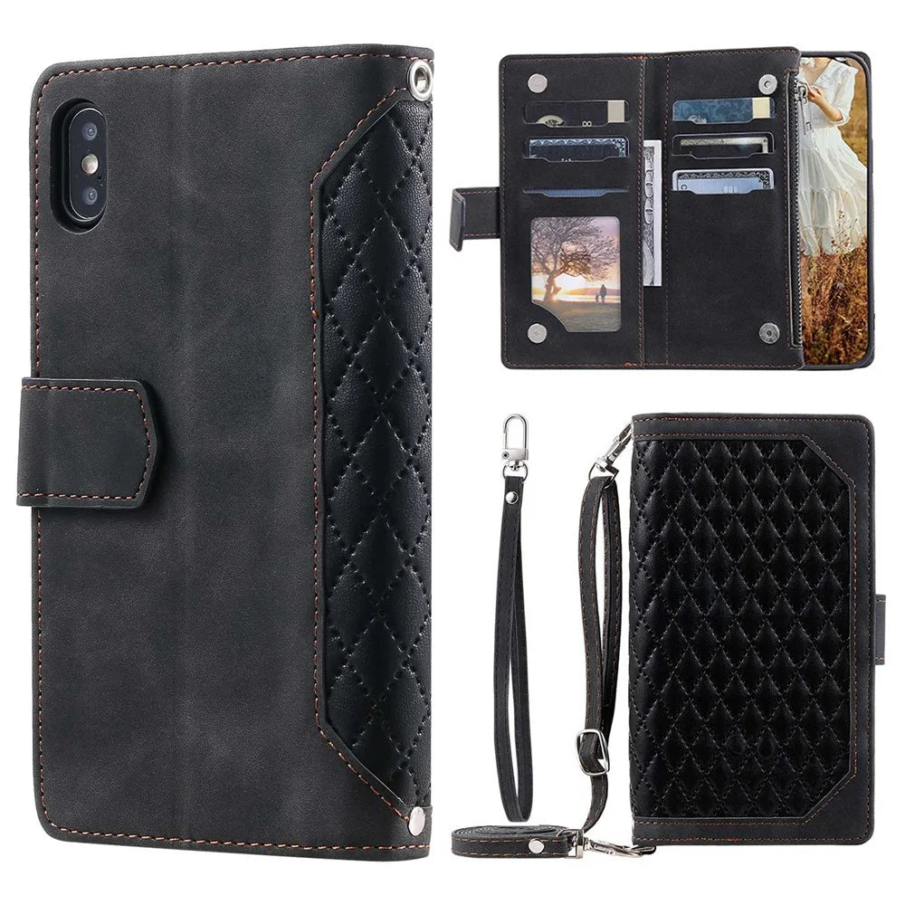 Rhombus Texture Phone Case for iPhone X / XS 5.8 inch, 005 Style Multiple Card Slots Zipper Pocket PU Leather Cover with Shoulder Strap and Hand Strap - Black - 1