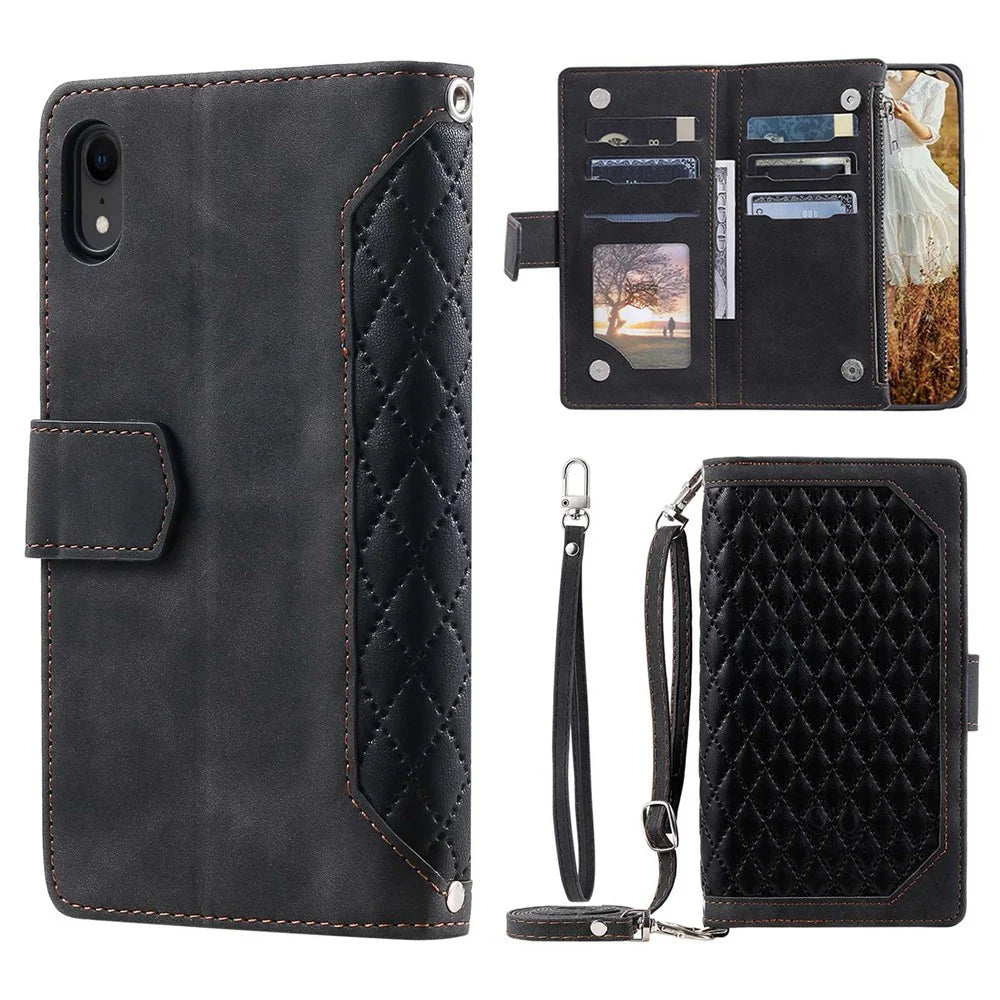 Zipper Pocket Leather Phone Cover for iPhone XR 6.1 inch, 005 Style Rhombus Texture Multiple Card Slots Stand Case with Shoulder Strap and Hand Strap - Black - 1