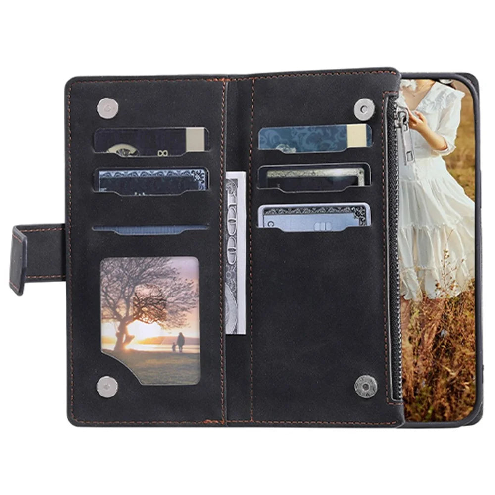 Zipper Pocket Leather Phone Cover for iPhone XR 6.1 inch, 005 Style Rhombus Texture Multiple Card Slots Stand Case with Shoulder Strap and Hand Strap - Black - 2